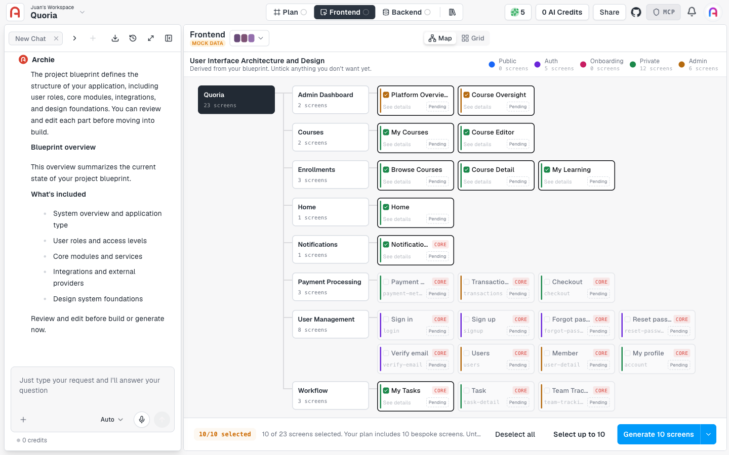 Sitemap view showing every planned screen grouped by module, with a legend by access level