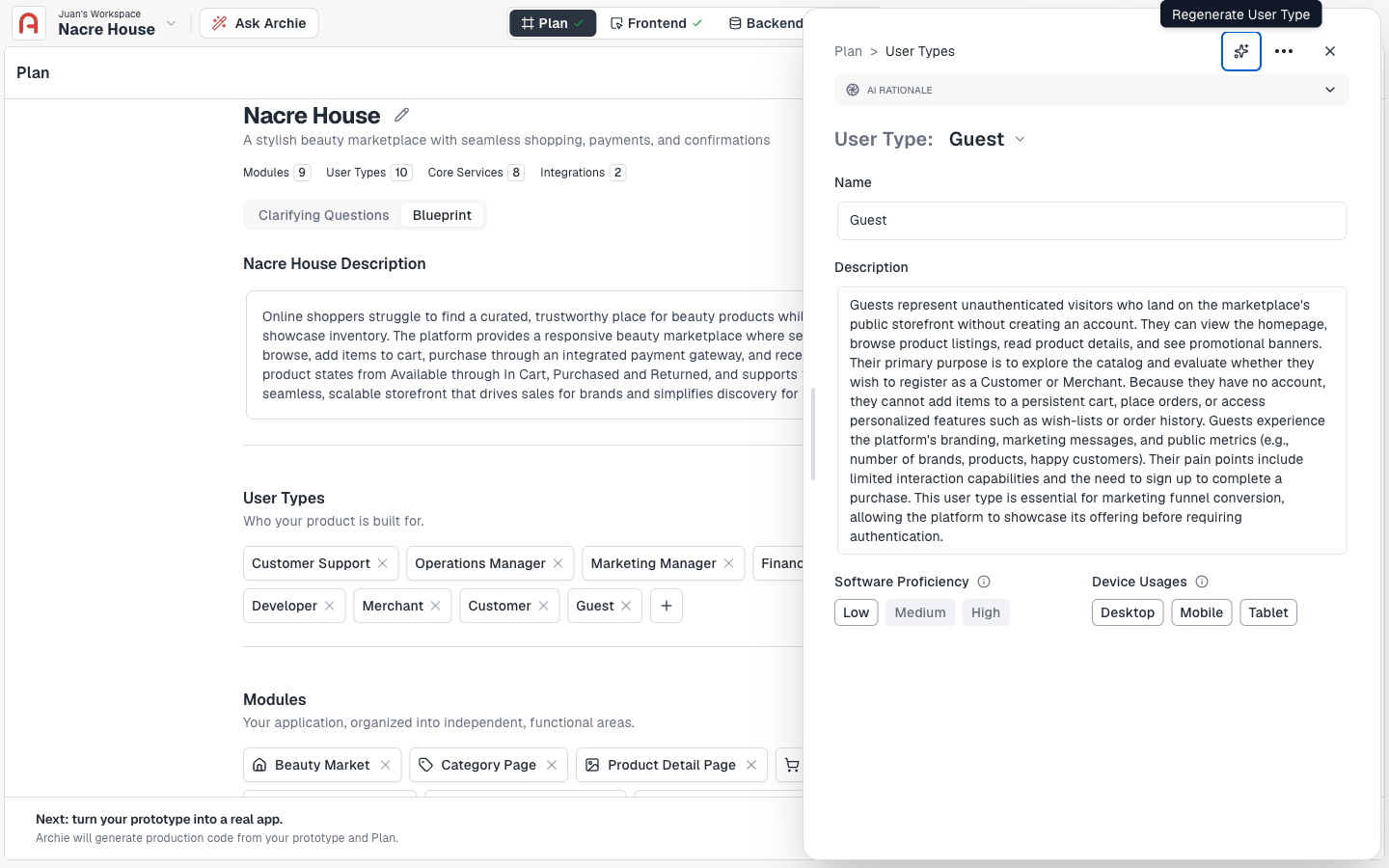 User type detail with name, description, and module access