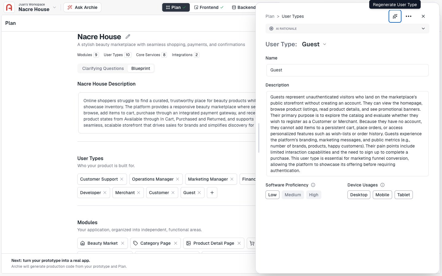 User type detail with name, description, and module access