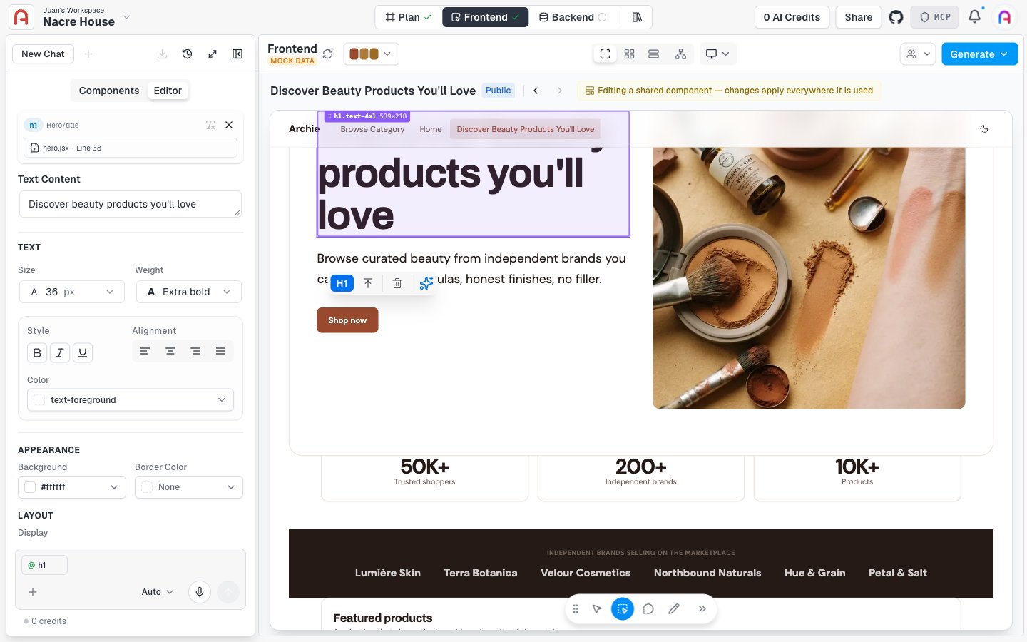 Visual editor with an element selected and the inspector panel