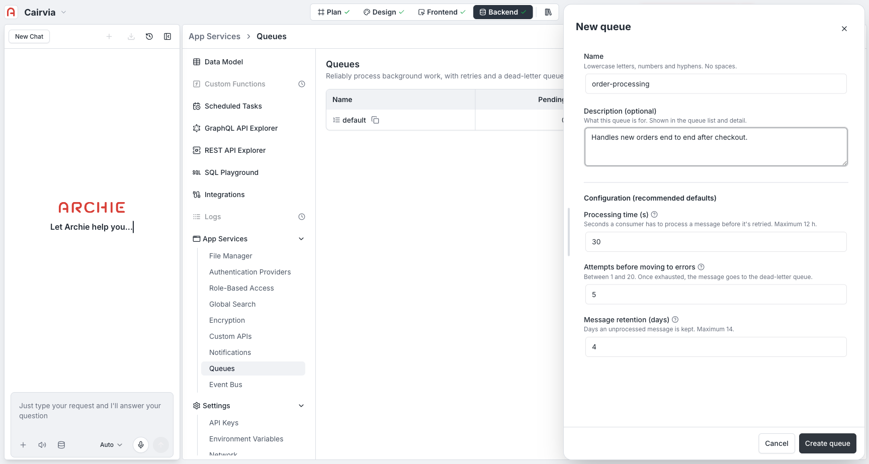 New queue drawer open, showing the Name field, an optional Description, and the "Configuration (recommended defaults)" section with Processing time (s), Attempts before moving to errors, and Message retention (days)