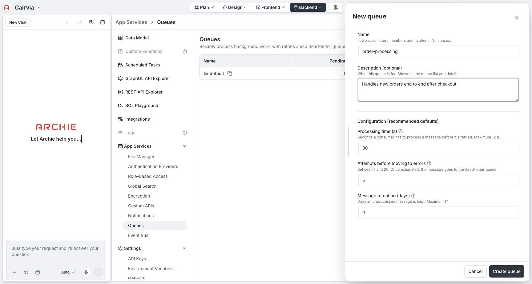 New queue drawer open, showing the Name field, an optional Description, and the "Configuration (recommended defaults)" section with Processing time (s), Attempts before moving to errors, and Message retention (days)