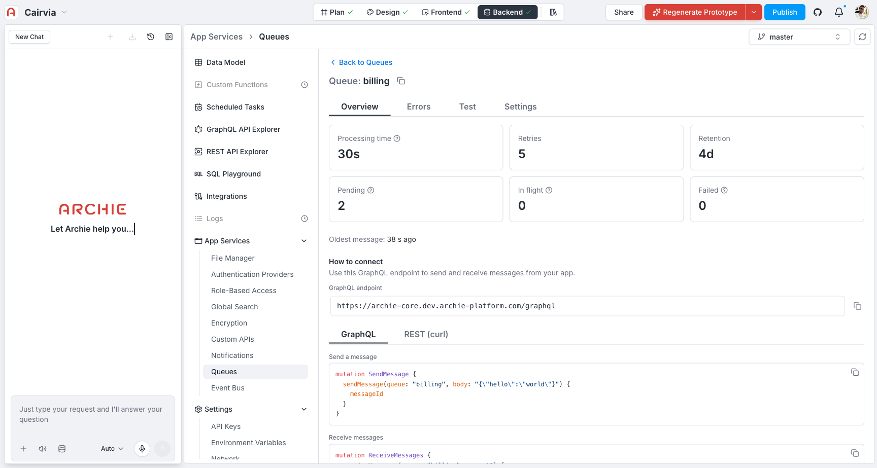 Queue detail Overview tab — six stat cards, the Oldest message line, and the "How to connect" panel with the GraphQL endpoint and copyable send/receive snippets