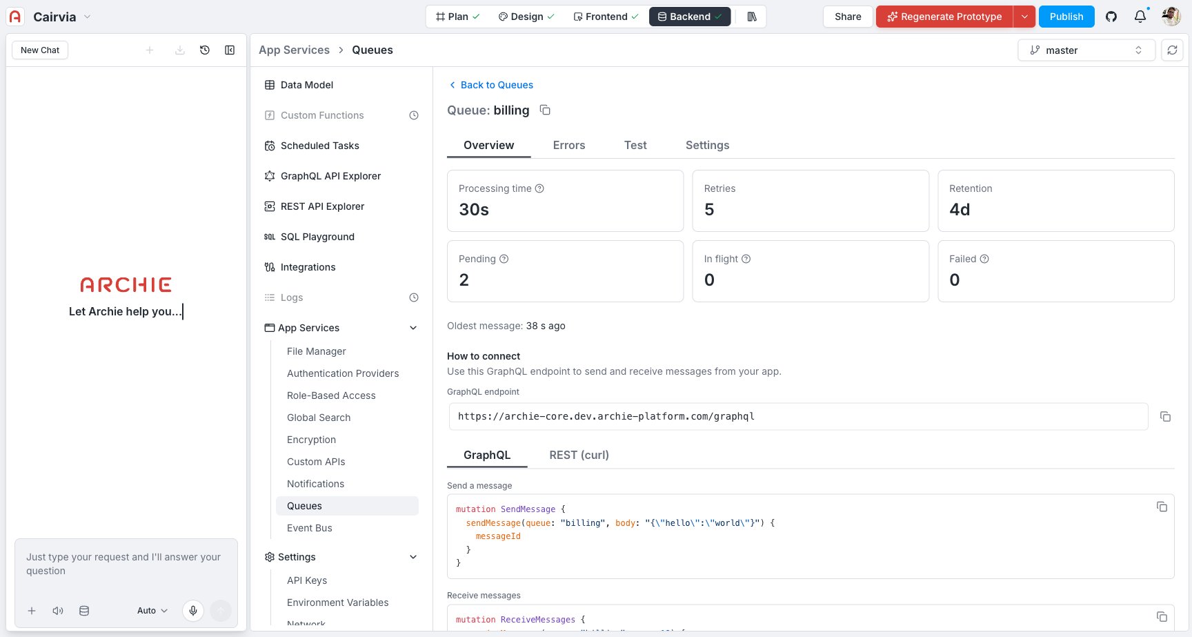 Queue detail Overview tab — six stat cards, the Oldest message line, and the "How to connect" panel with the GraphQL endpoint and copyable send/receive snippets