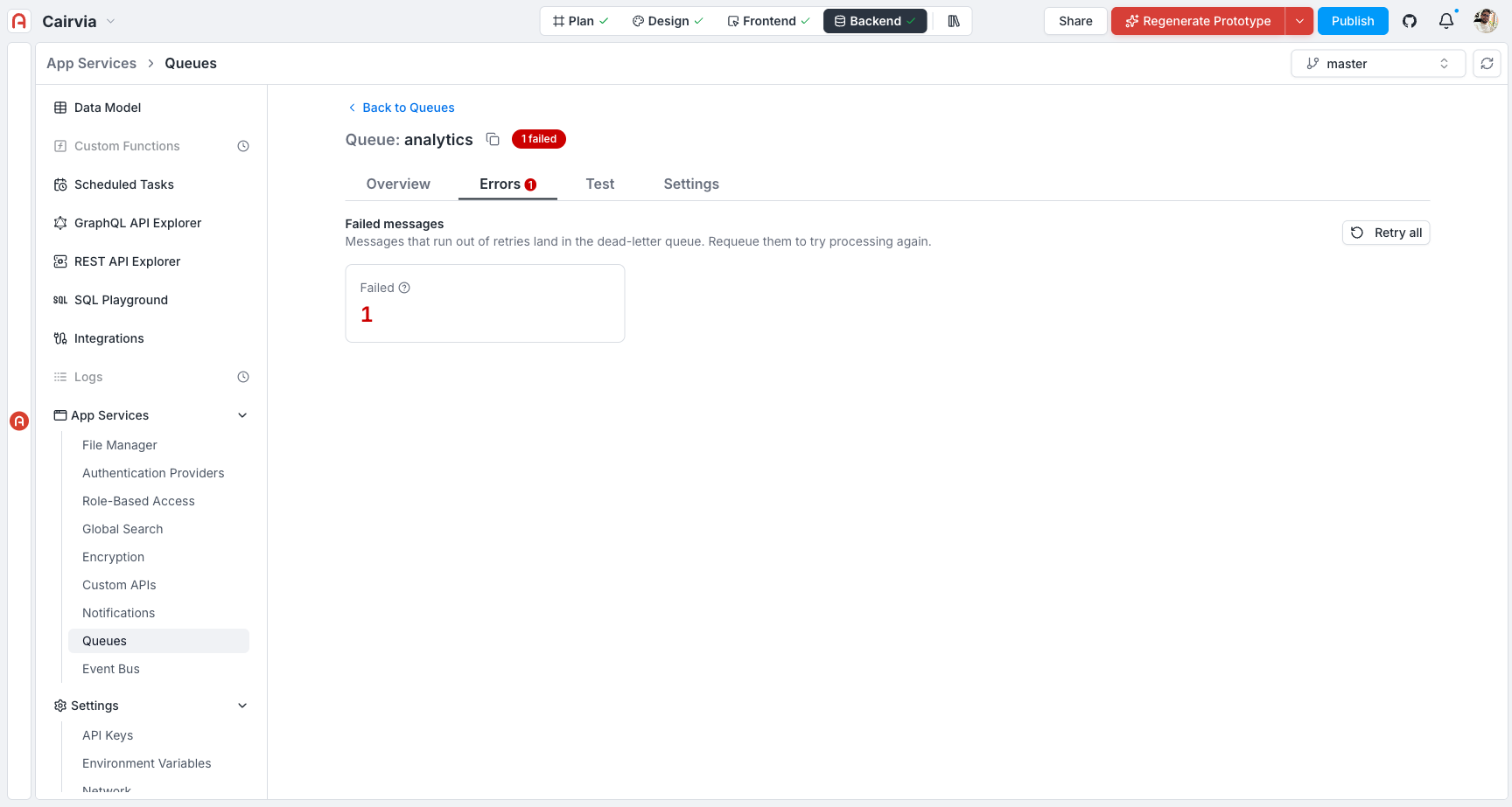 Queue Errors tab showing a Failed count and the "Retry all" action