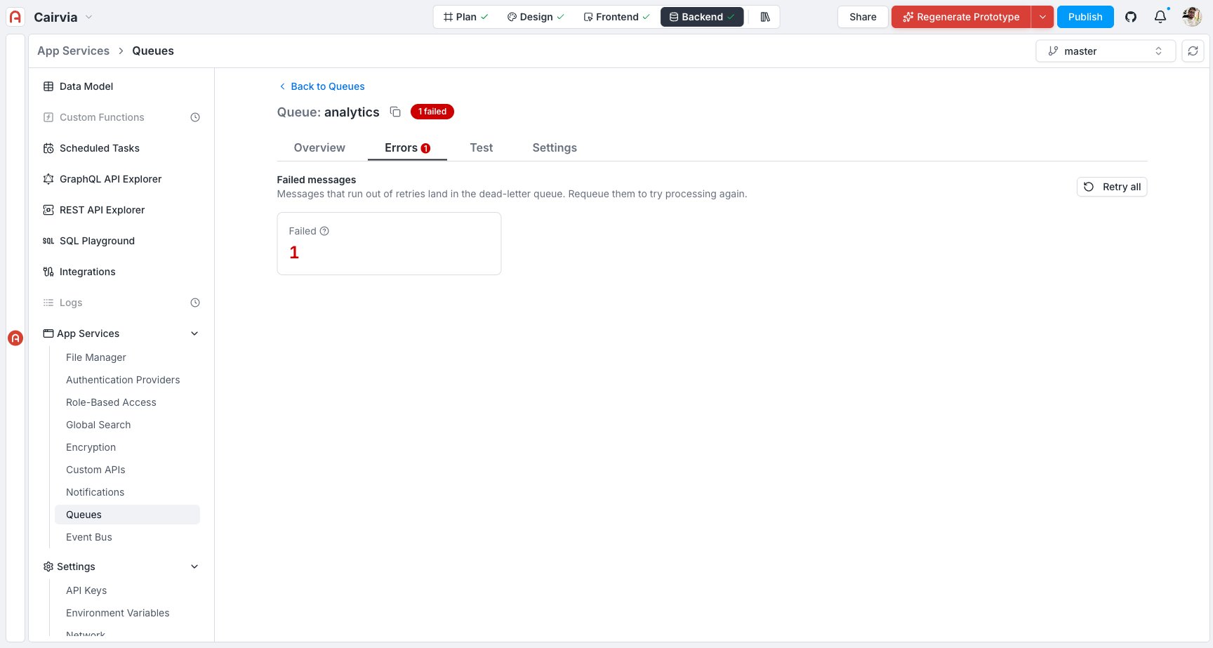Queue Errors tab showing a Failed count and the "Retry all" action