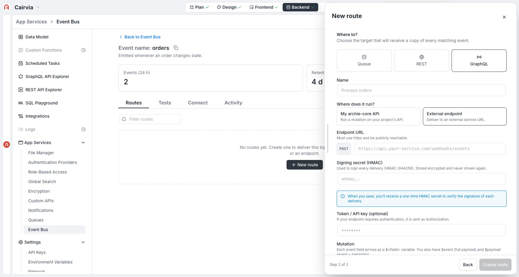 New route panel with an external endpoint target selected — Endpoint URL, Signing secret (HMAC), Token / API key, and Delivery attempts