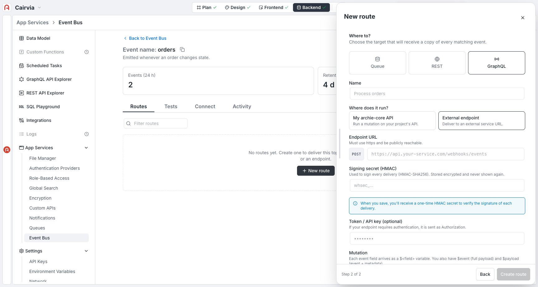 New route panel with an external endpoint target selected — Endpoint URL, Signing secret (HMAC), Token / API key, and Delivery attempts