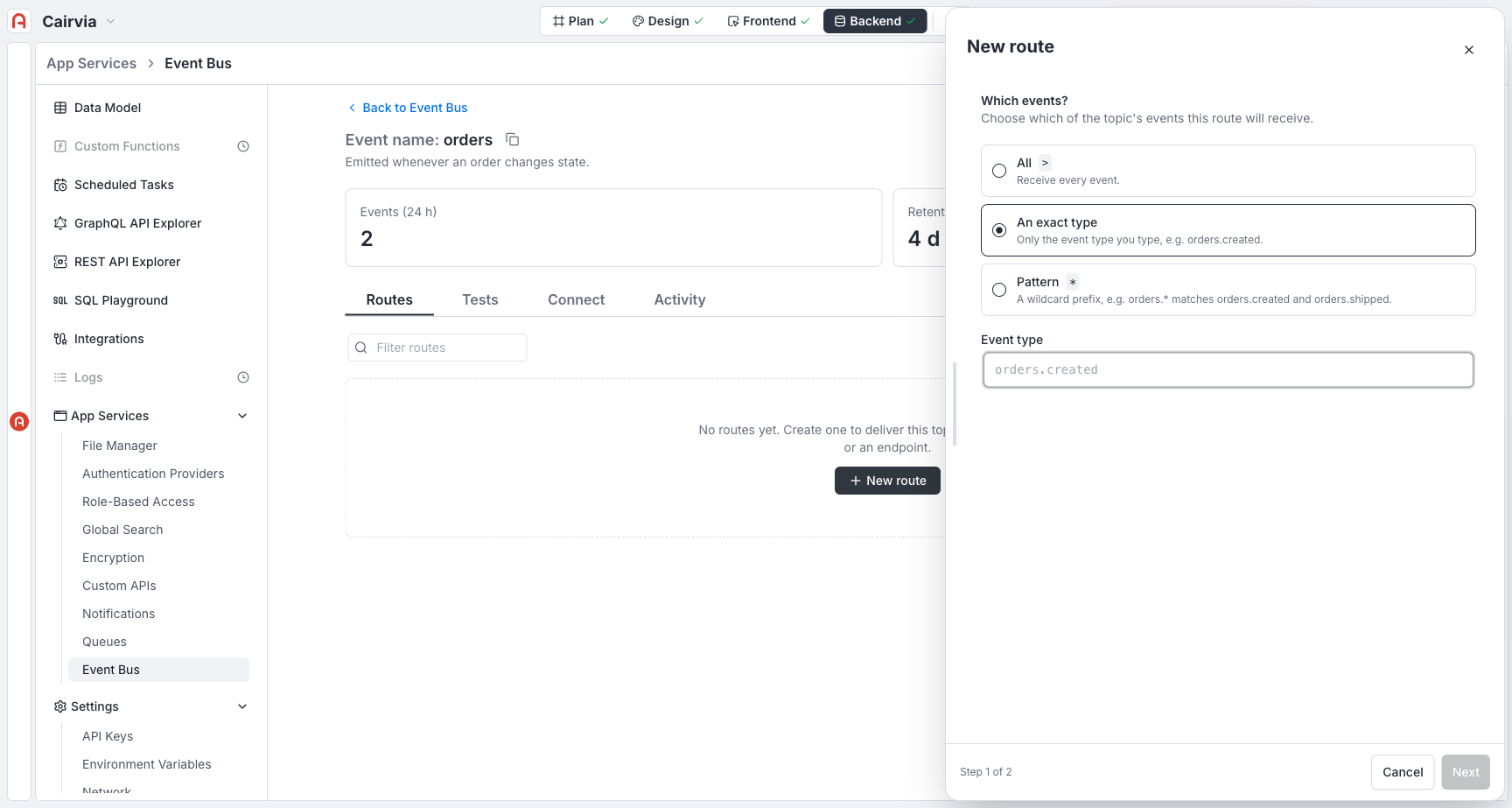 Route wizard Step 1 — the three filter modes (All / An exact type / Pattern), with the event type field revealed for "An exact type"