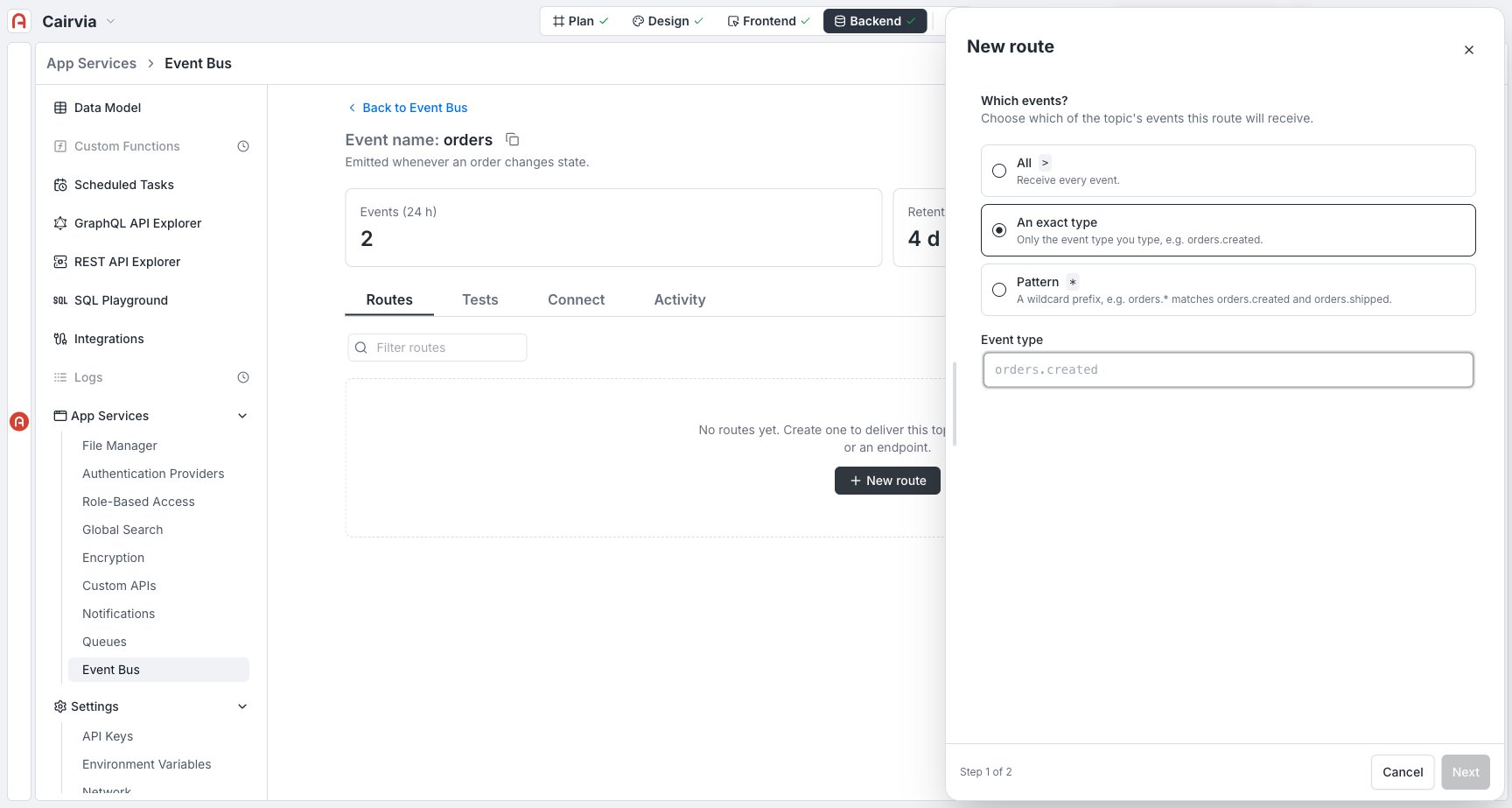 Route wizard Step 1 — the three filter modes (All / An exact type / Pattern), with the event type field revealed for "An exact type"