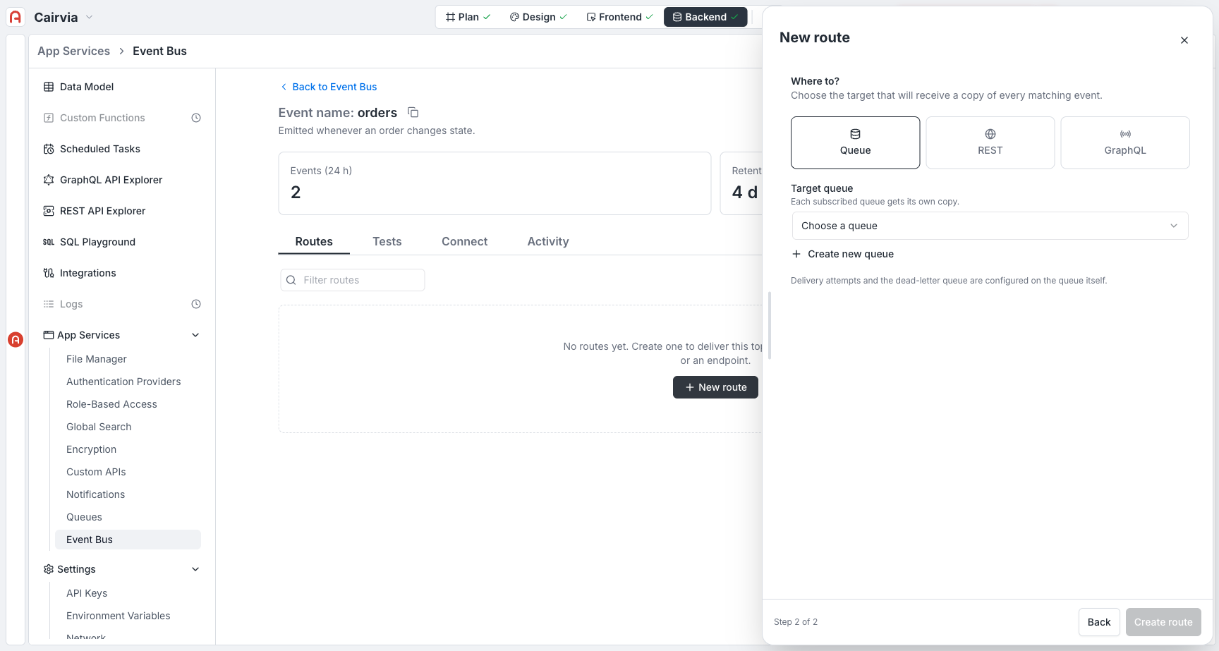 Route wizard Step 2 — the target choice (Queue / REST / GraphQL)