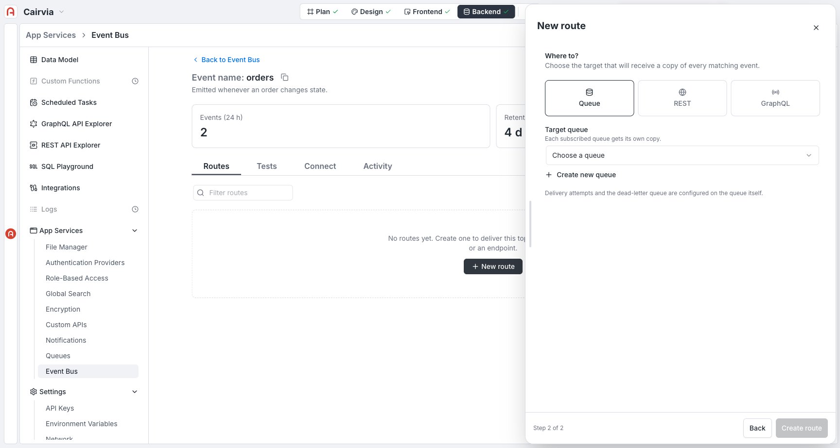 Route wizard Step 2 — the target choice (Queue / REST / GraphQL)
