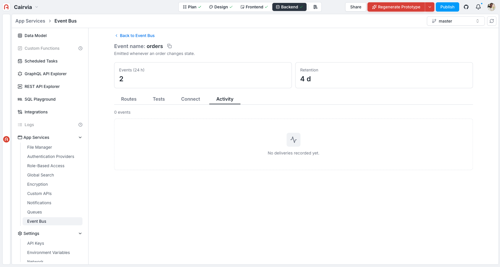 Topic Activity tab, empty state: "No deliveries recorded yet"