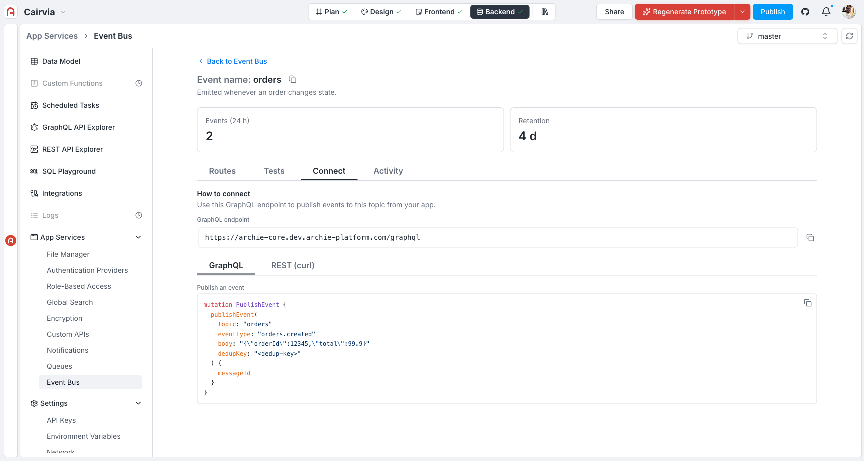 Topic Connect tab with the GraphQL endpoint and a copyable publishEvent snippet