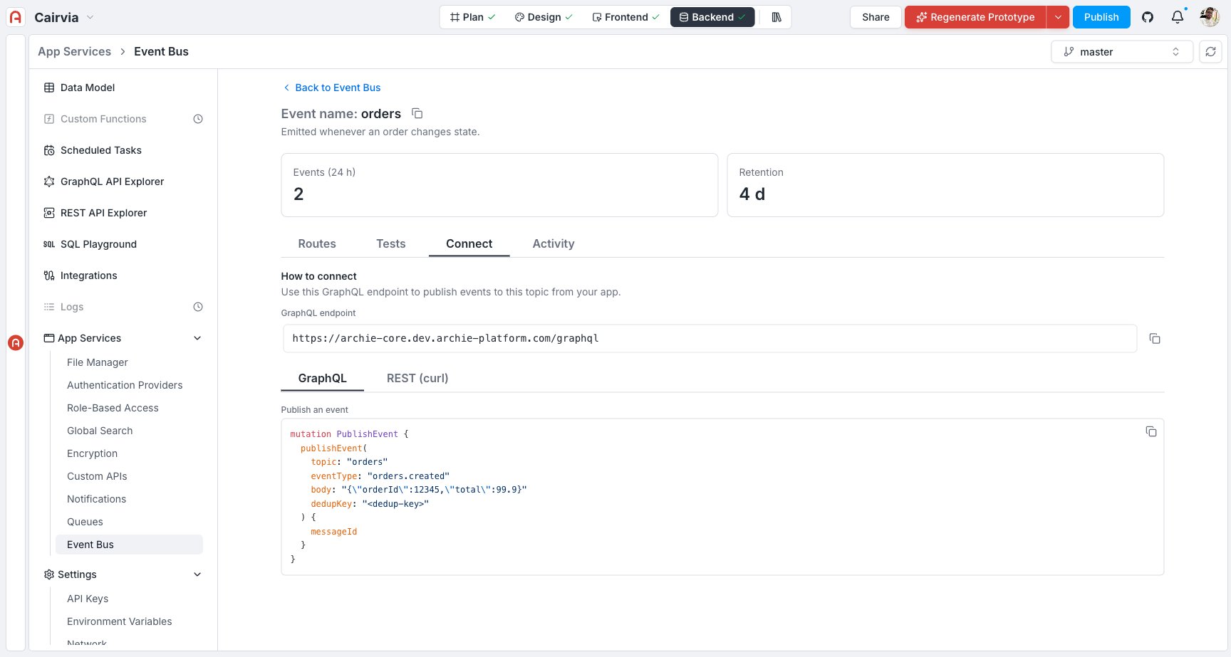 Topic Connect tab with the GraphQL endpoint and a copyable publishEvent snippet