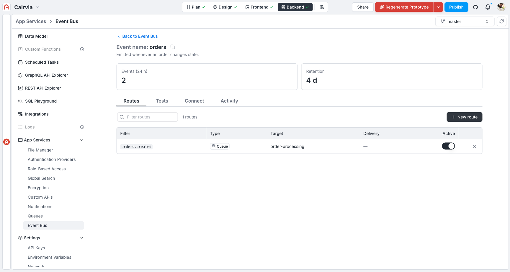 Topic Routes tab listing a route with its Filter, Type, Target, Delivery, and Active columns
