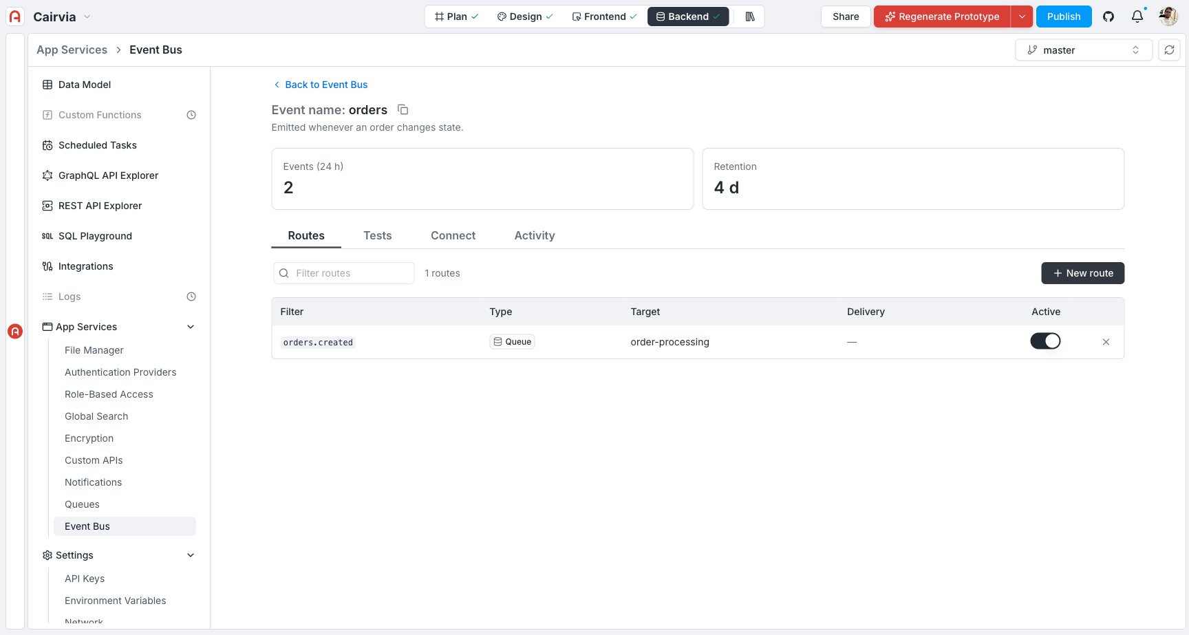 Topic Routes tab listing a route with its Filter, Type, Target, Delivery, and Active columns