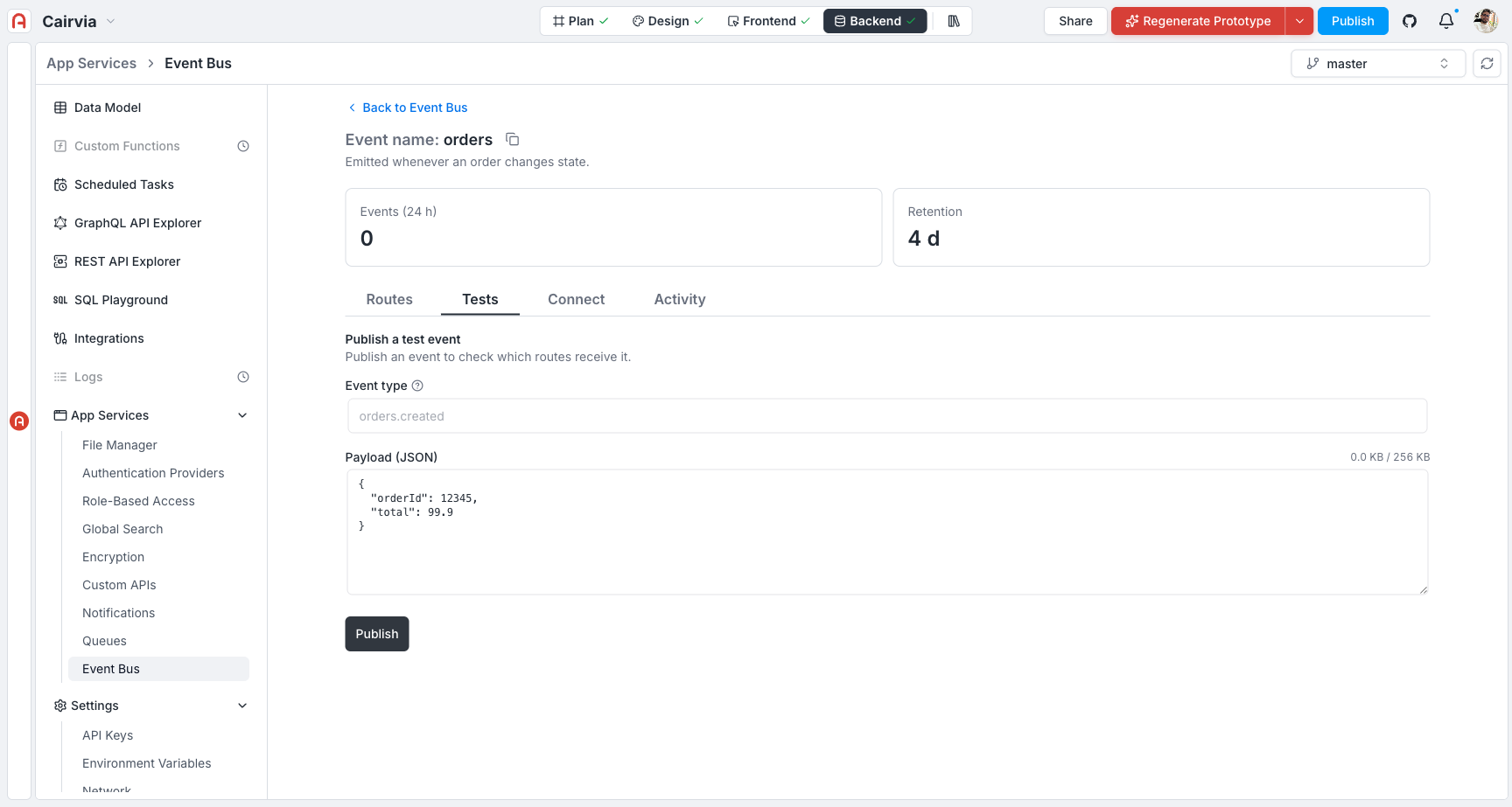 Topic Tests tab — Event type and Payload (JSON) fields with the Publish button