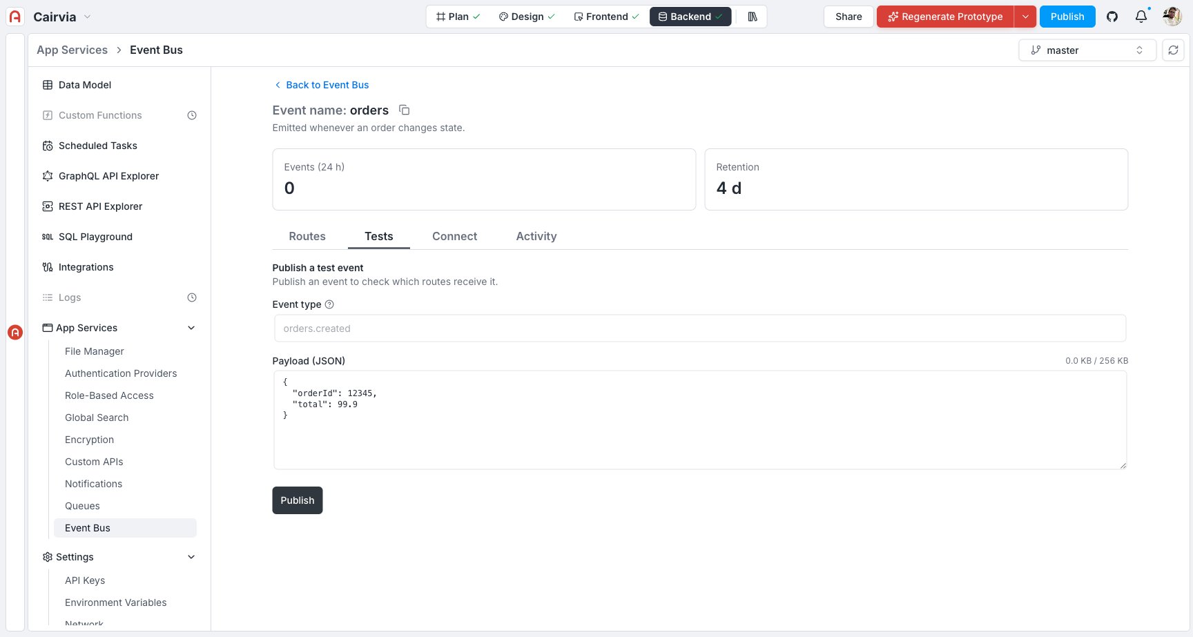 Topic Tests tab — Event type and Payload (JSON) fields with the Publish button