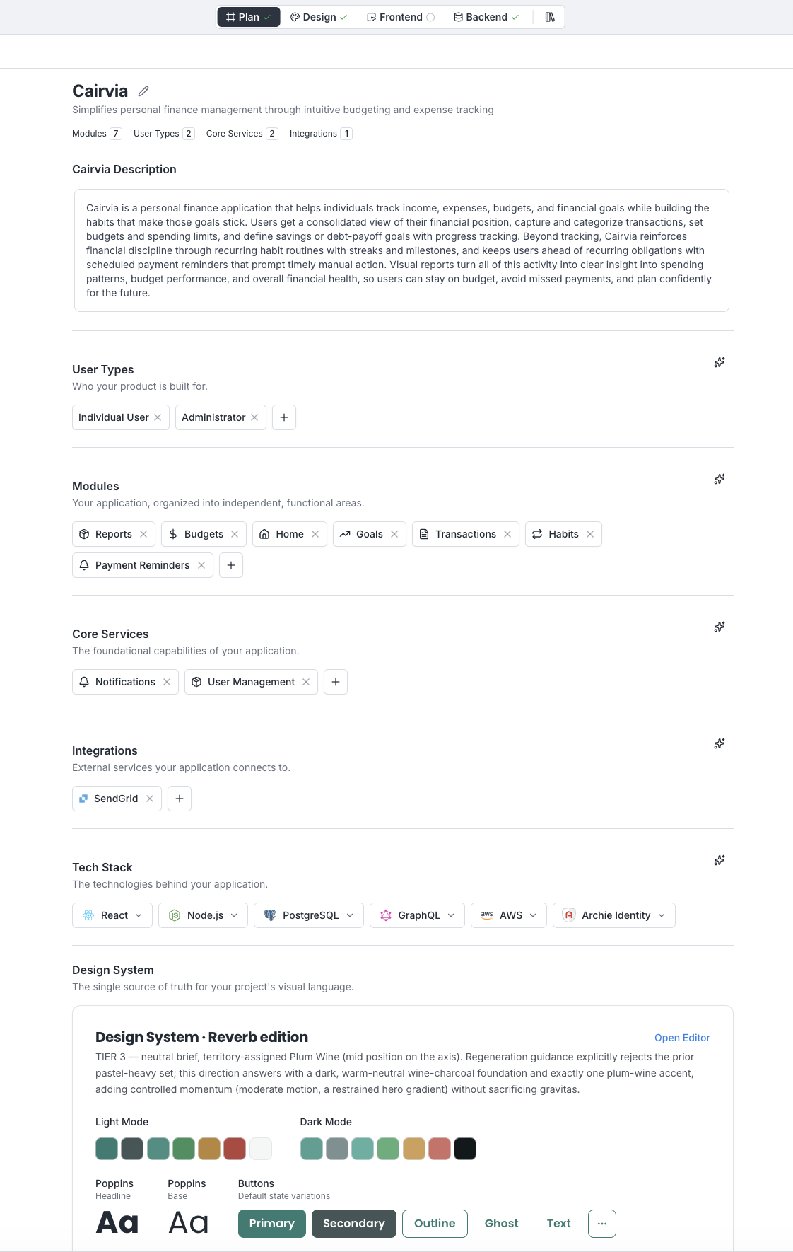 Blueprint page with all six sections and the Generate menu