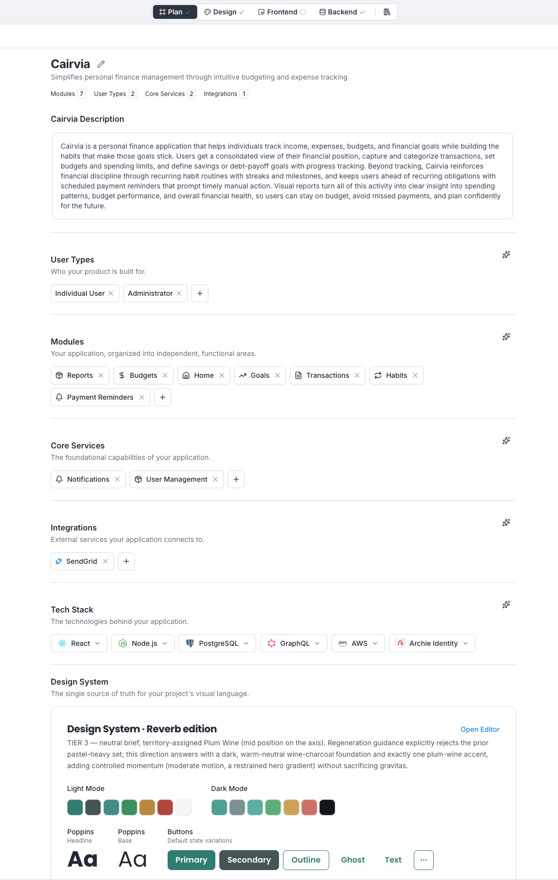 Blueprint page with all six sections and the Generate menu