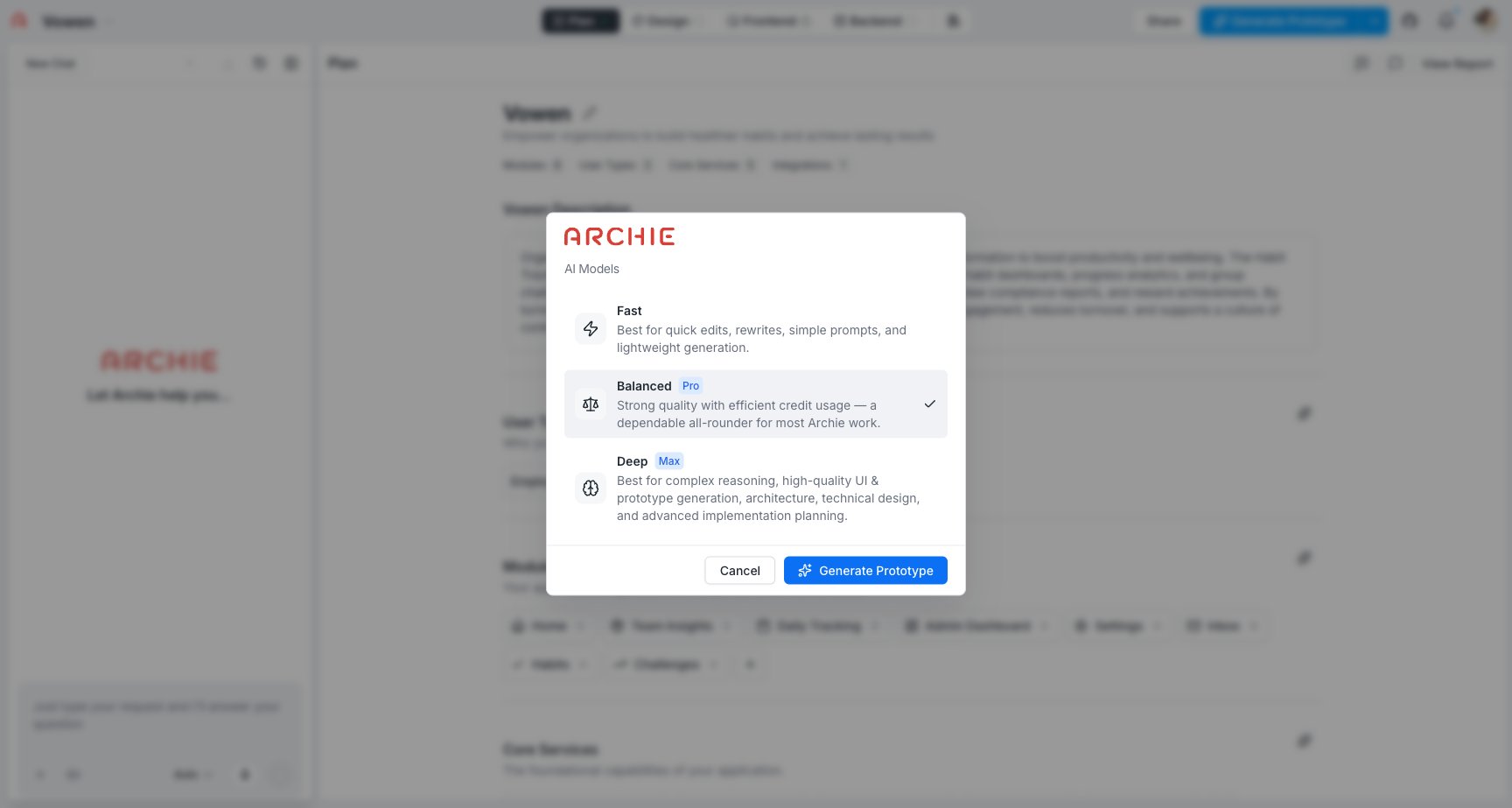 AI model picker shown before generation starts: Fast, Balanced, and Deep