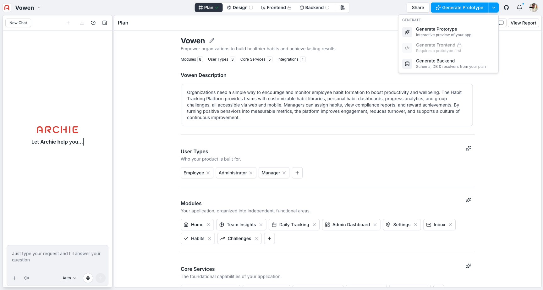 Generate menu before a prototype exists: Generate Prototype is available, Generate Frontend is locked and requires a prototype first, Generate Backend is available