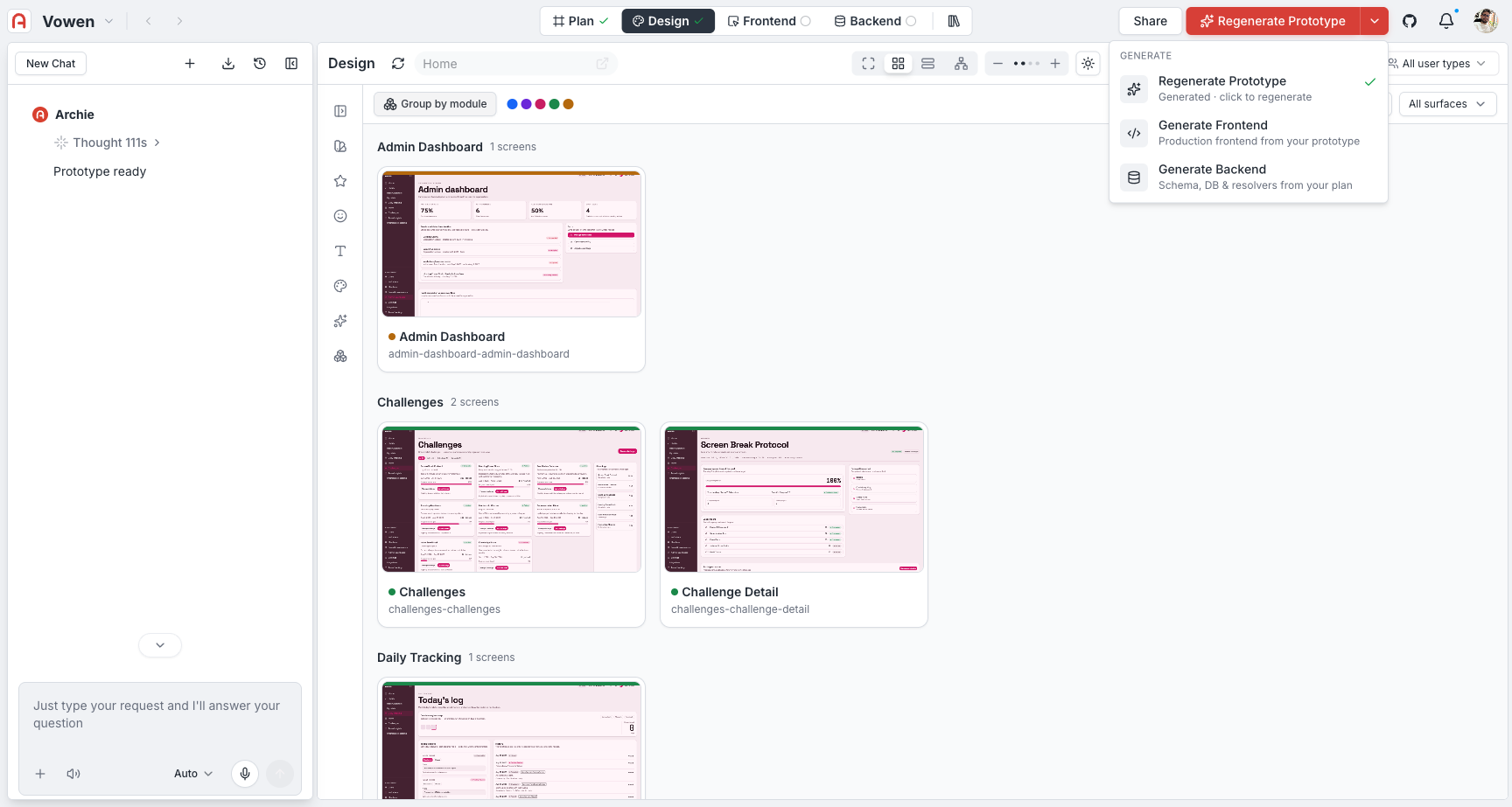Generate menu after the prototype finishes: Generate Frontend is now enabled