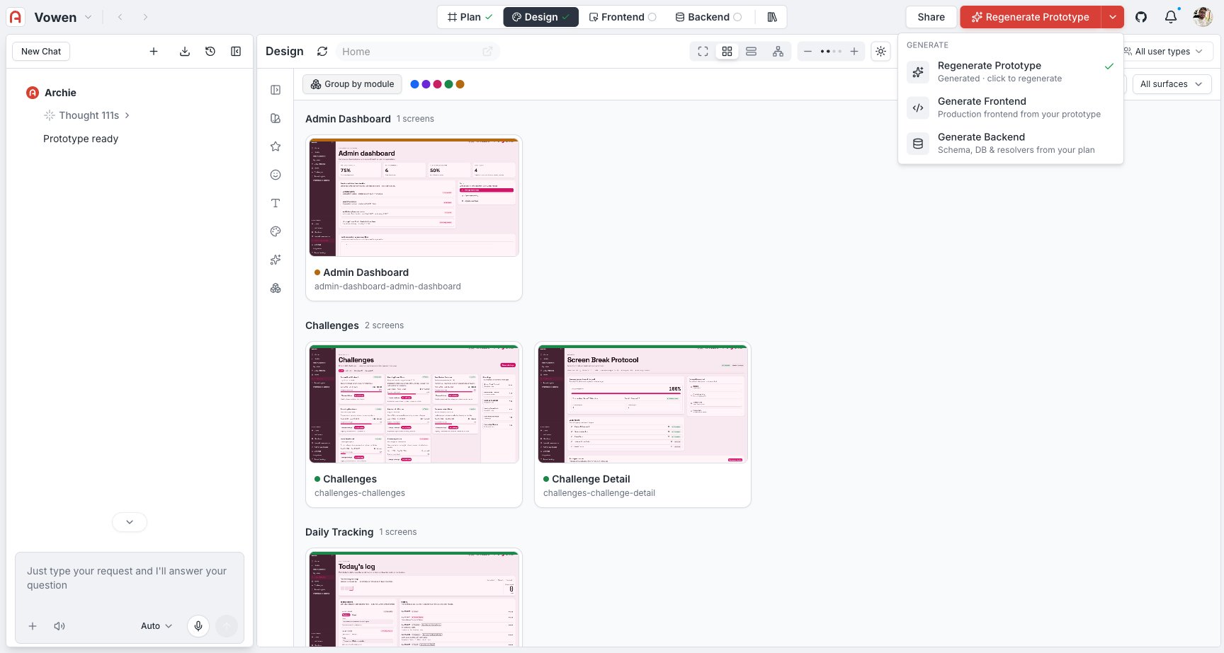 Generate menu after the prototype finishes: Generate Frontend is now enabled