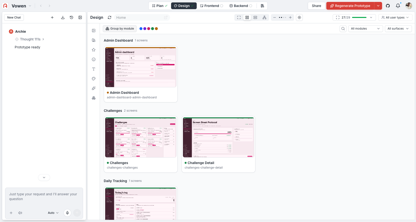 Generated prototype screens grouped by module, browsable as a real click-through app