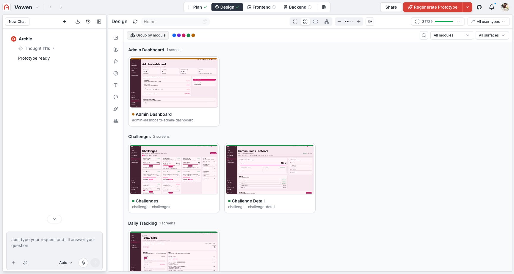 Generated prototype screens grouped by module, browsable as a real click-through app