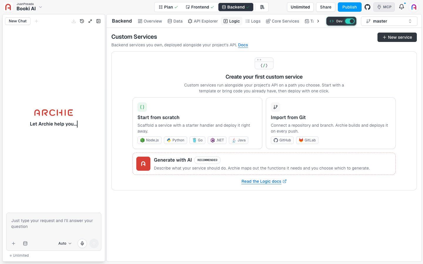 The Custom Services empty state with Start from scratch, Import from Git, and Generate with AI cards under the heading Create your first custom service.
