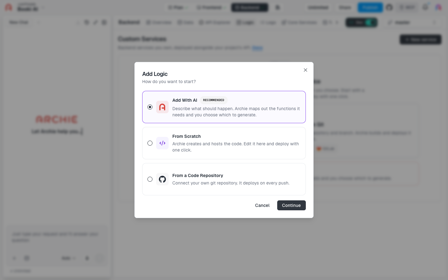 The Add Logic dialog with Add With AI, From Scratch, and From a Code Repository options.