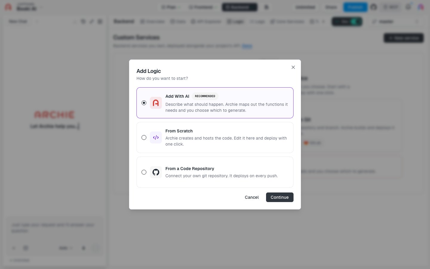 The Add Logic dialog with Add With AI, From Scratch, and From a Code Repository options.