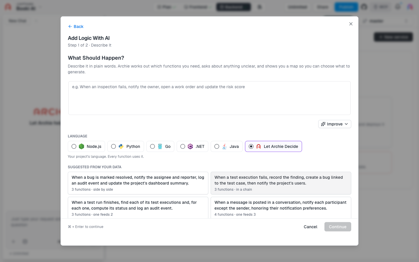 The Describe It step with an empty What Should Happen box, the Improve button, the language options, and four suggestions from your data.