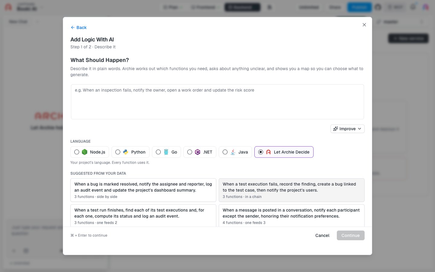 The Describe It step with an empty What Should Happen box, the Improve button, the language options, and four suggestions from your data.