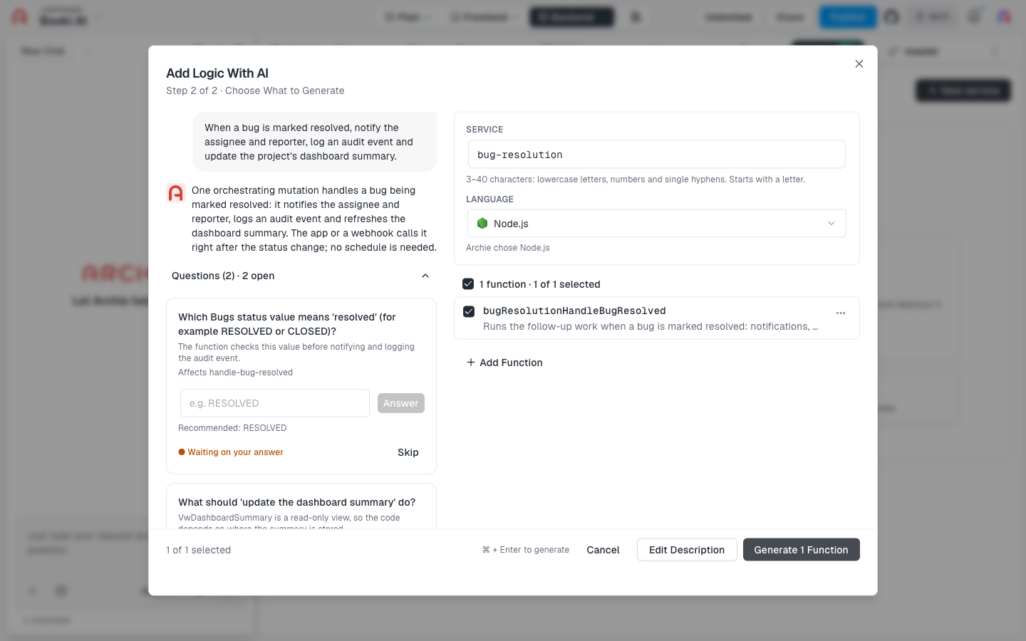 The Choose What to Generate step. The left column shows the description, Archie's summary, and open questions. The right column shows the service name, language, and one function with a checkbox.