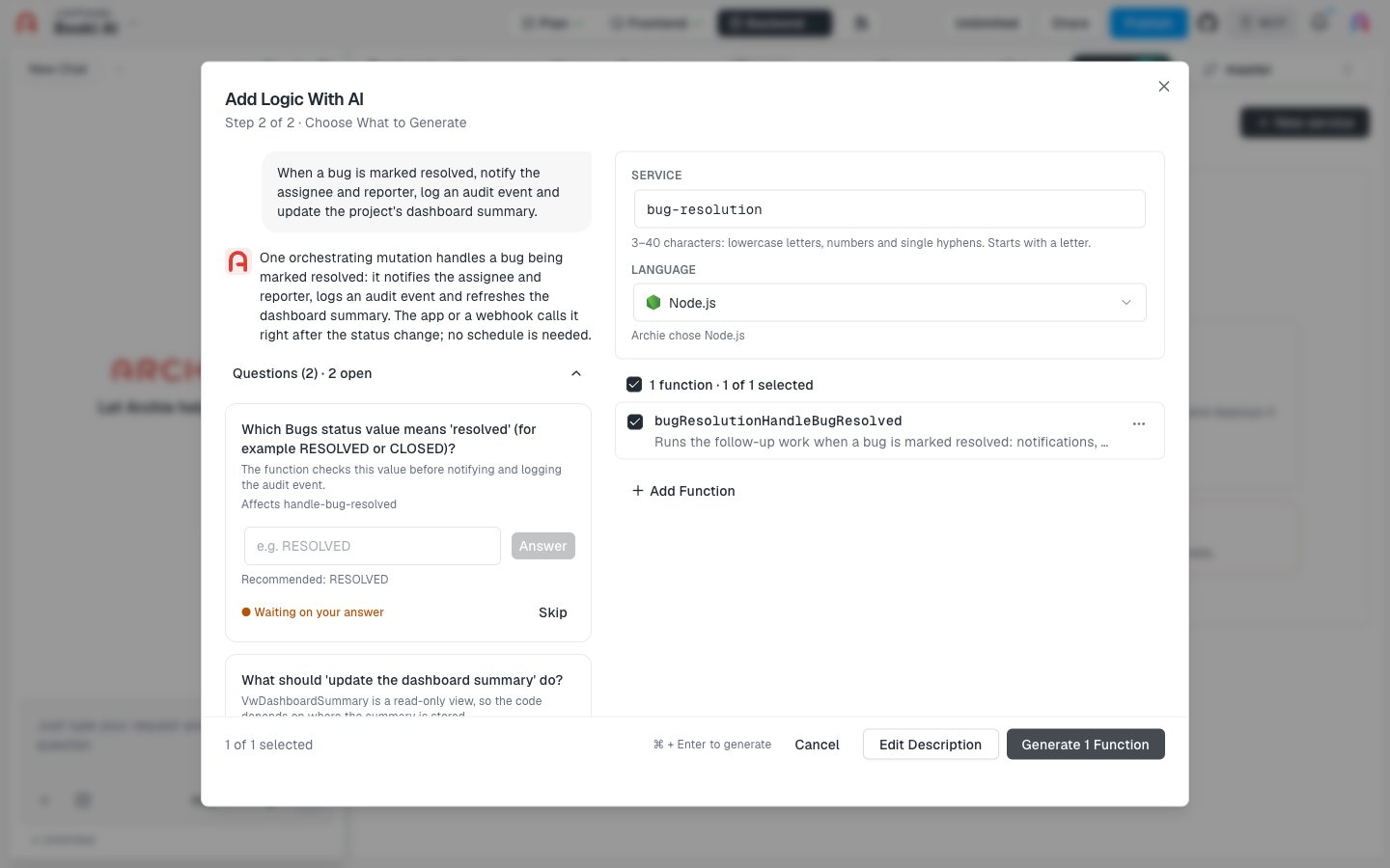 The Choose What to Generate step. The left column shows the description, Archie's summary, and open questions. The right column shows the service name, language, and one function with a checkbox.
