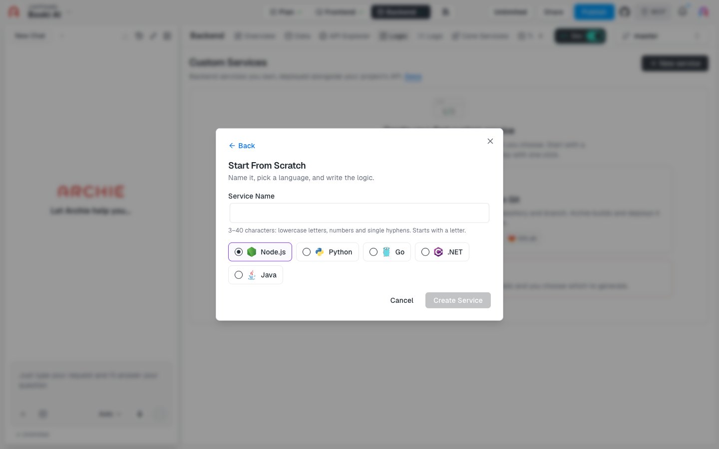 The Start From Scratch dialog with a Service Name field and Node.js, Python, Go, .NET, and Java options.
