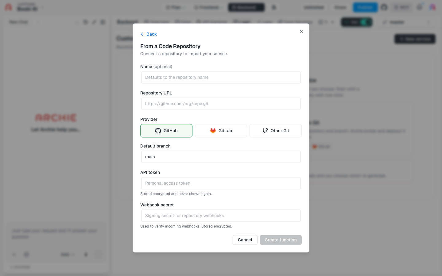 The From a Code Repository dialog with Name, Repository URL, Provider, Default branch, API token, and Webhook secret fields.