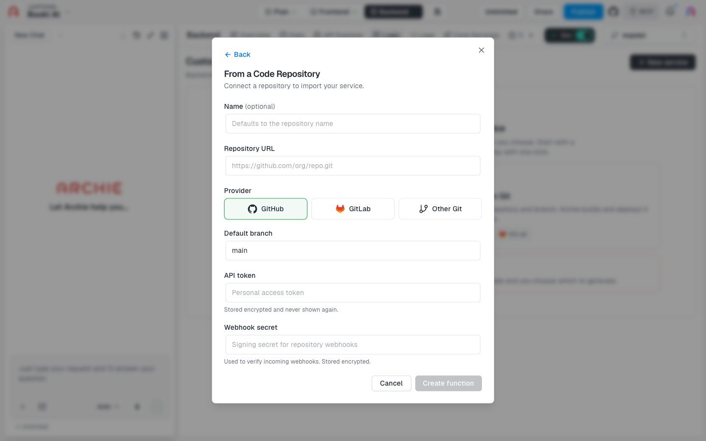 The From a Code Repository dialog with Name, Repository URL, Provider, Default branch, API token, and Webhook secret fields.