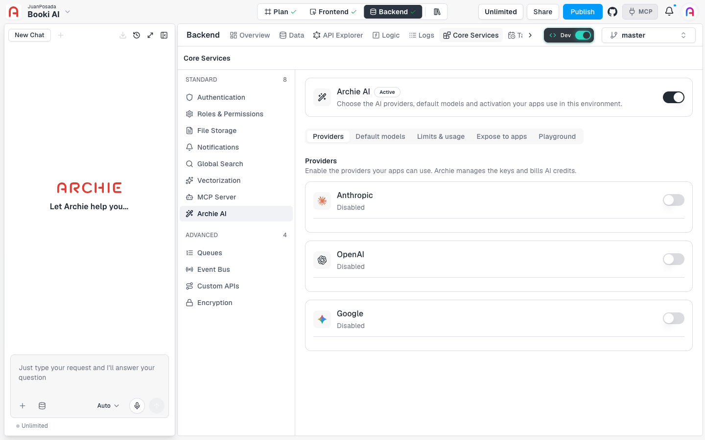 The Providers tab listing Anthropic, OpenAI, and Google, each with a switch set to Disabled.