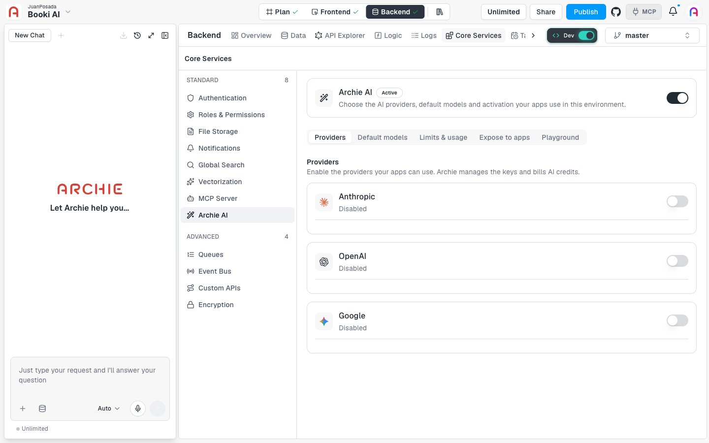 The Providers tab listing Anthropic, OpenAI, and Google, each with a switch set to Disabled.