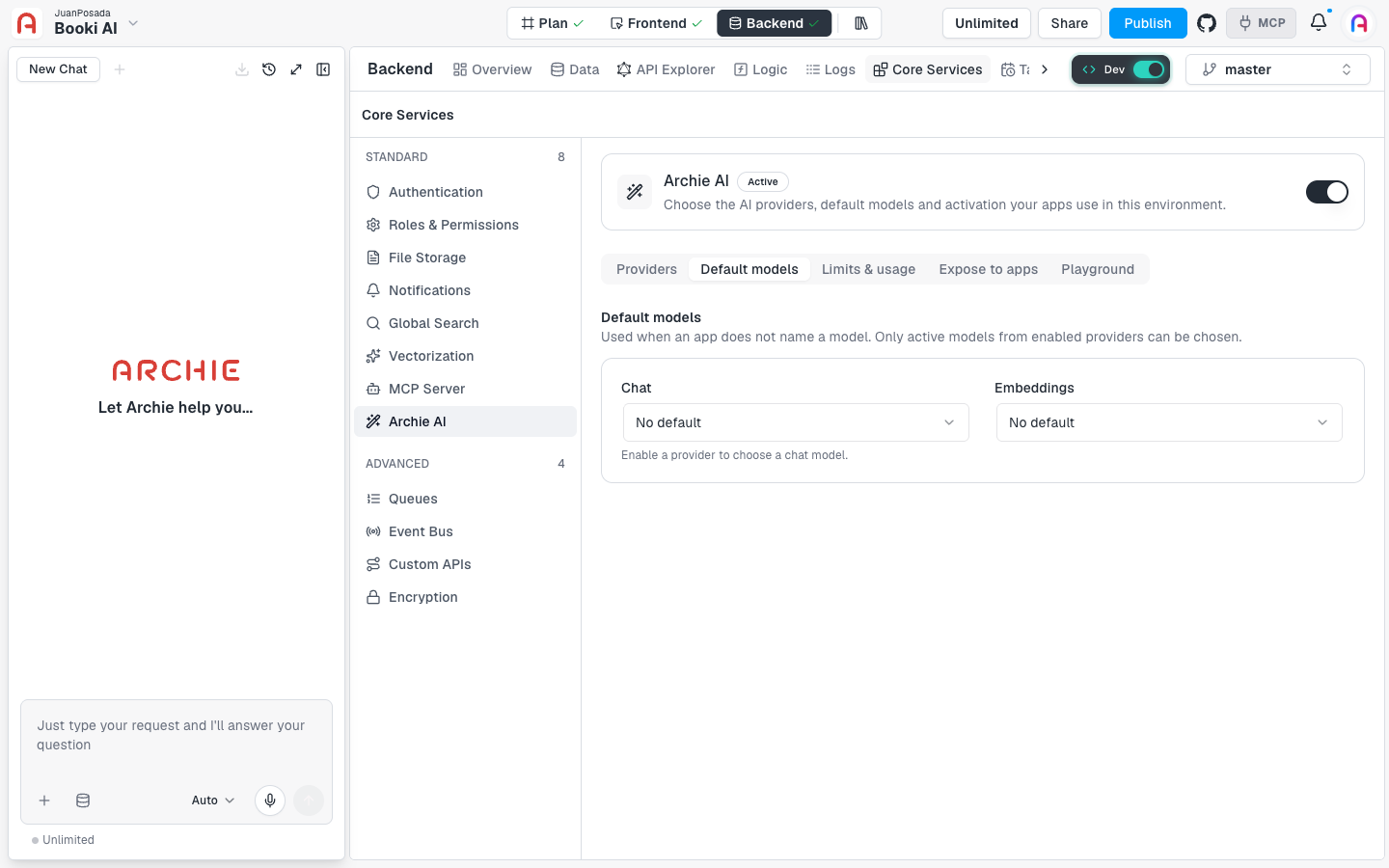 The Default models tab with Chat and Embeddings selectors, both set to No default.