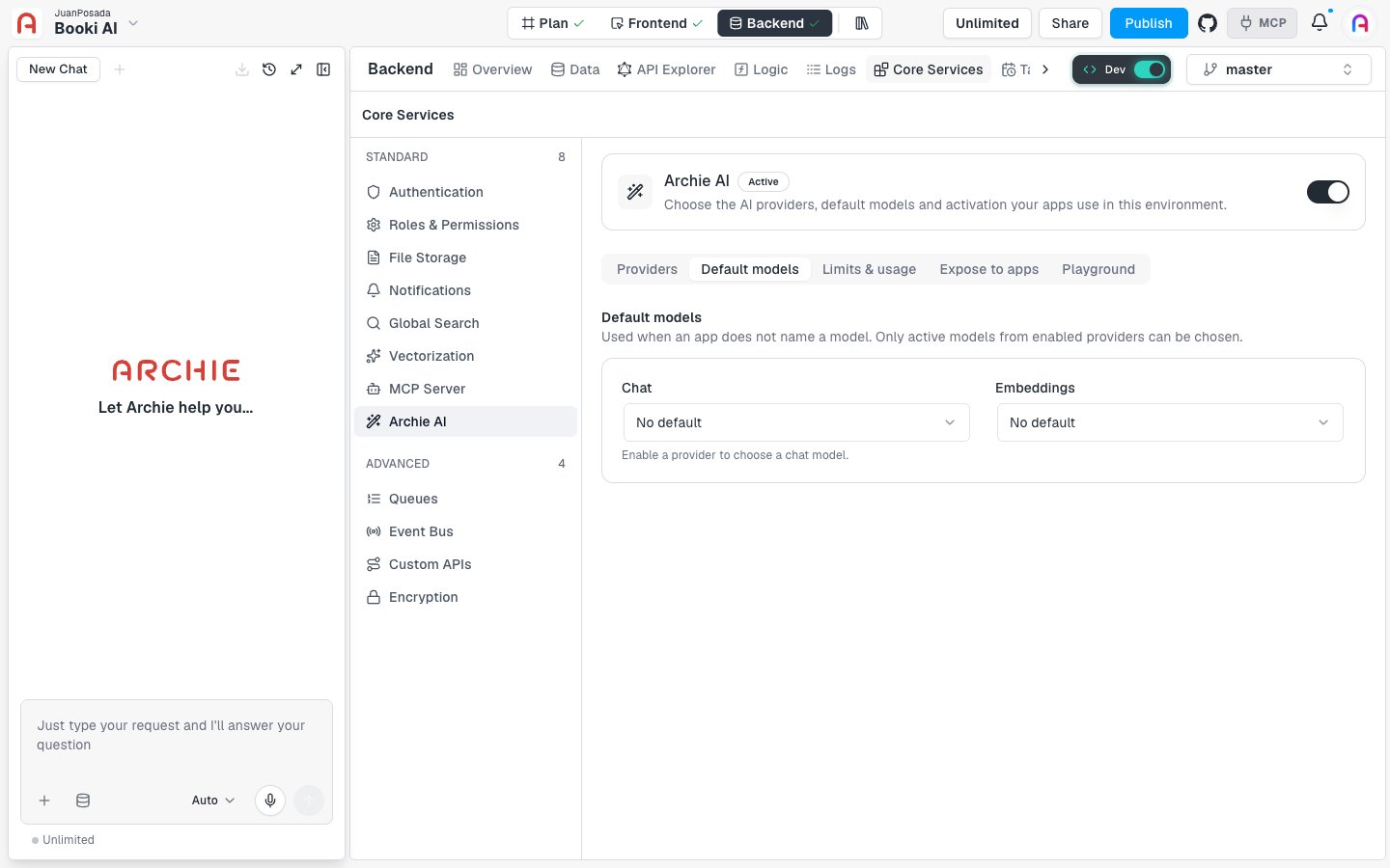 The Default models tab with Chat and Embeddings selectors, both set to No default.