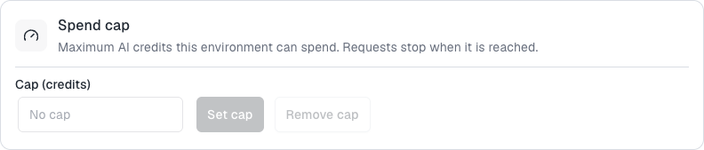 The Spend cap card with a Cap (credits) field and the Set cap and Remove cap buttons.