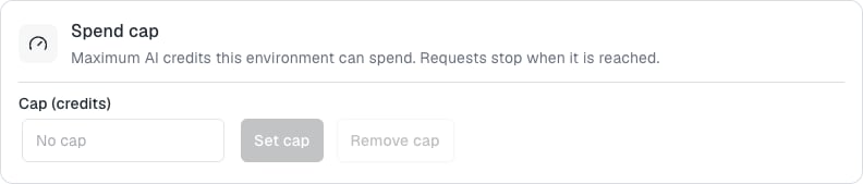 The Spend cap card with a Cap (credits) field and the Set cap and Remove cap buttons.