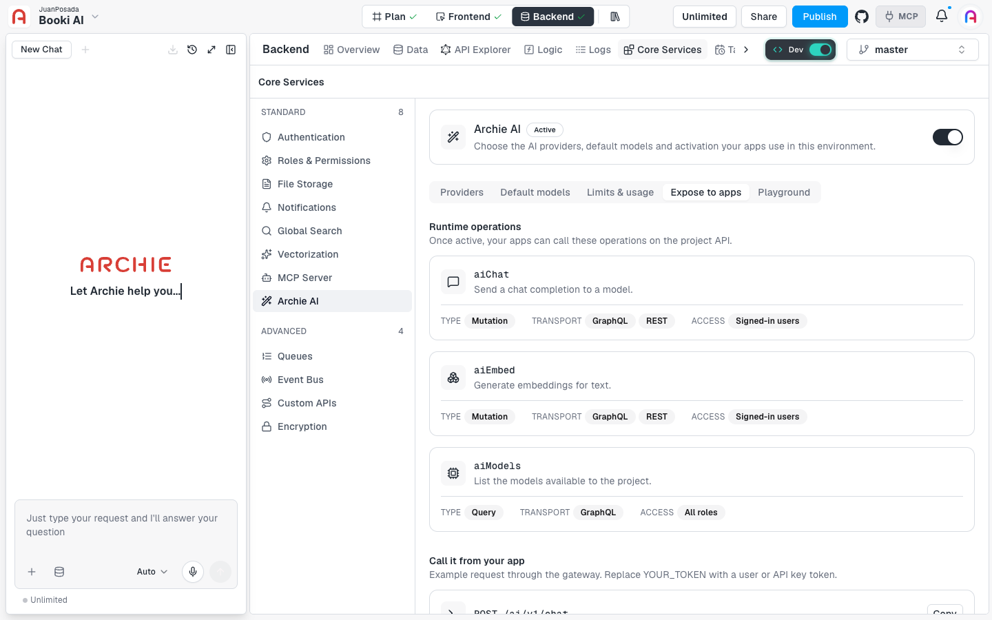The Expose to apps tab listing the aiChat, aiEmbed, and aiModels operations with their type, transport, and access.