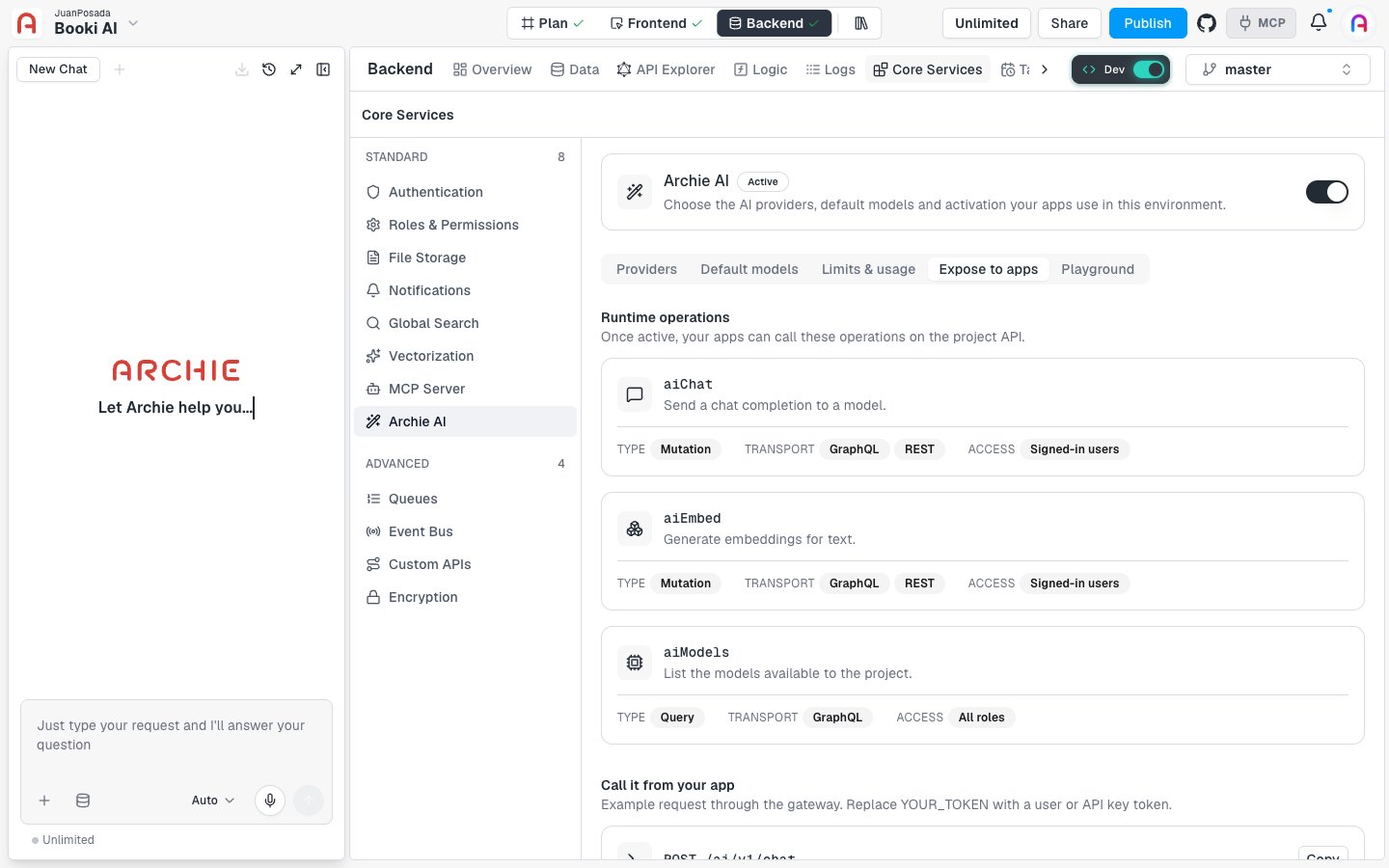 The Expose to apps tab listing the aiChat, aiEmbed, and aiModels operations with their type, transport, and access.