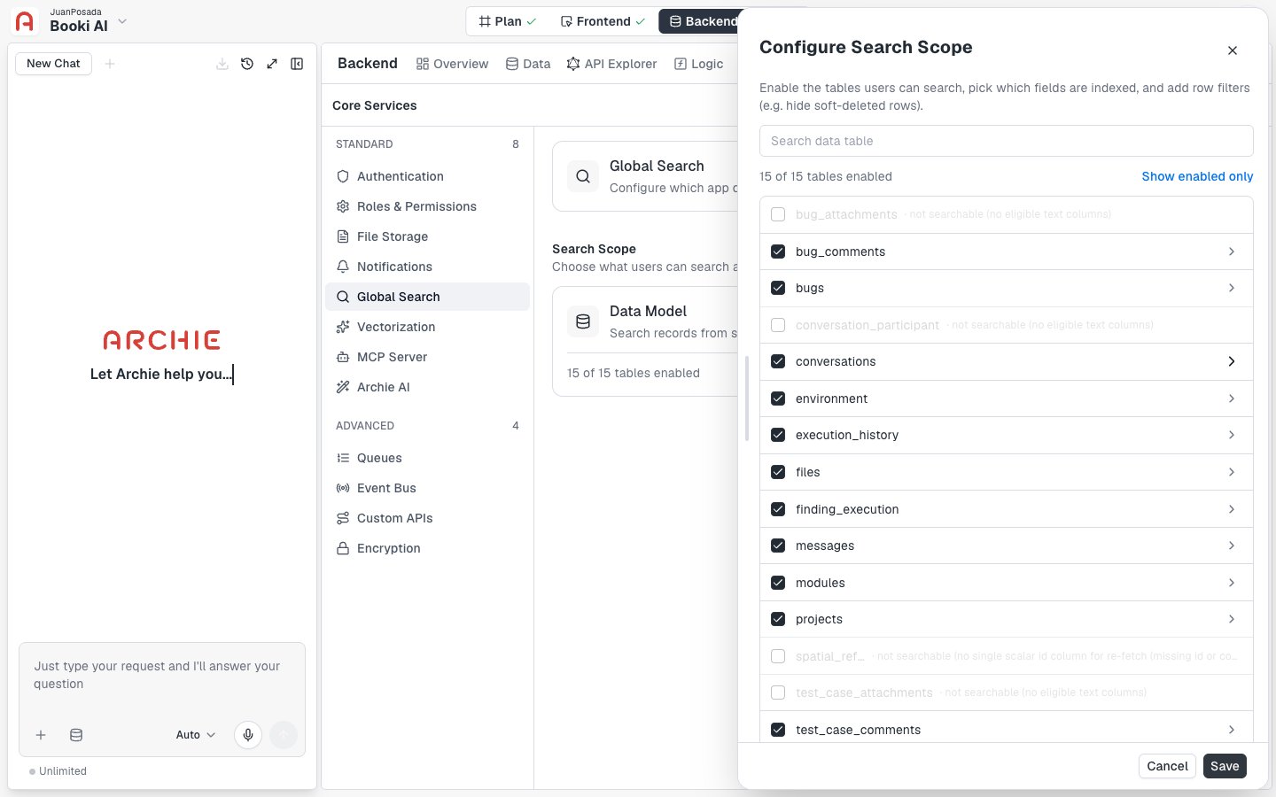 The Configure Search Scope drawer listing tables with checkboxes, a Search data table field, and Cancel and Save buttons.